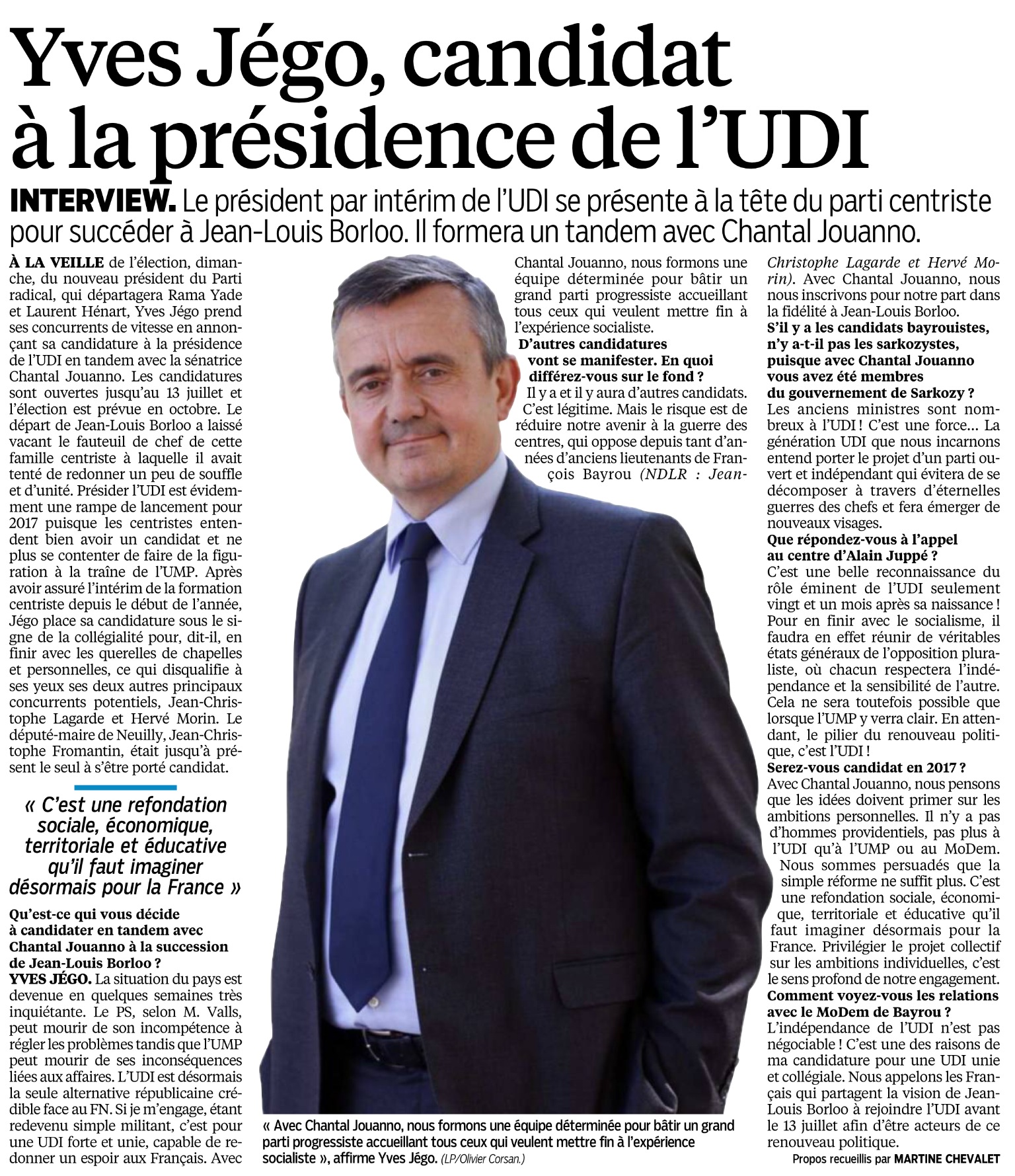 Le Parisien du 21 juin 2014 - Yves Jégo candidat à l'UDI